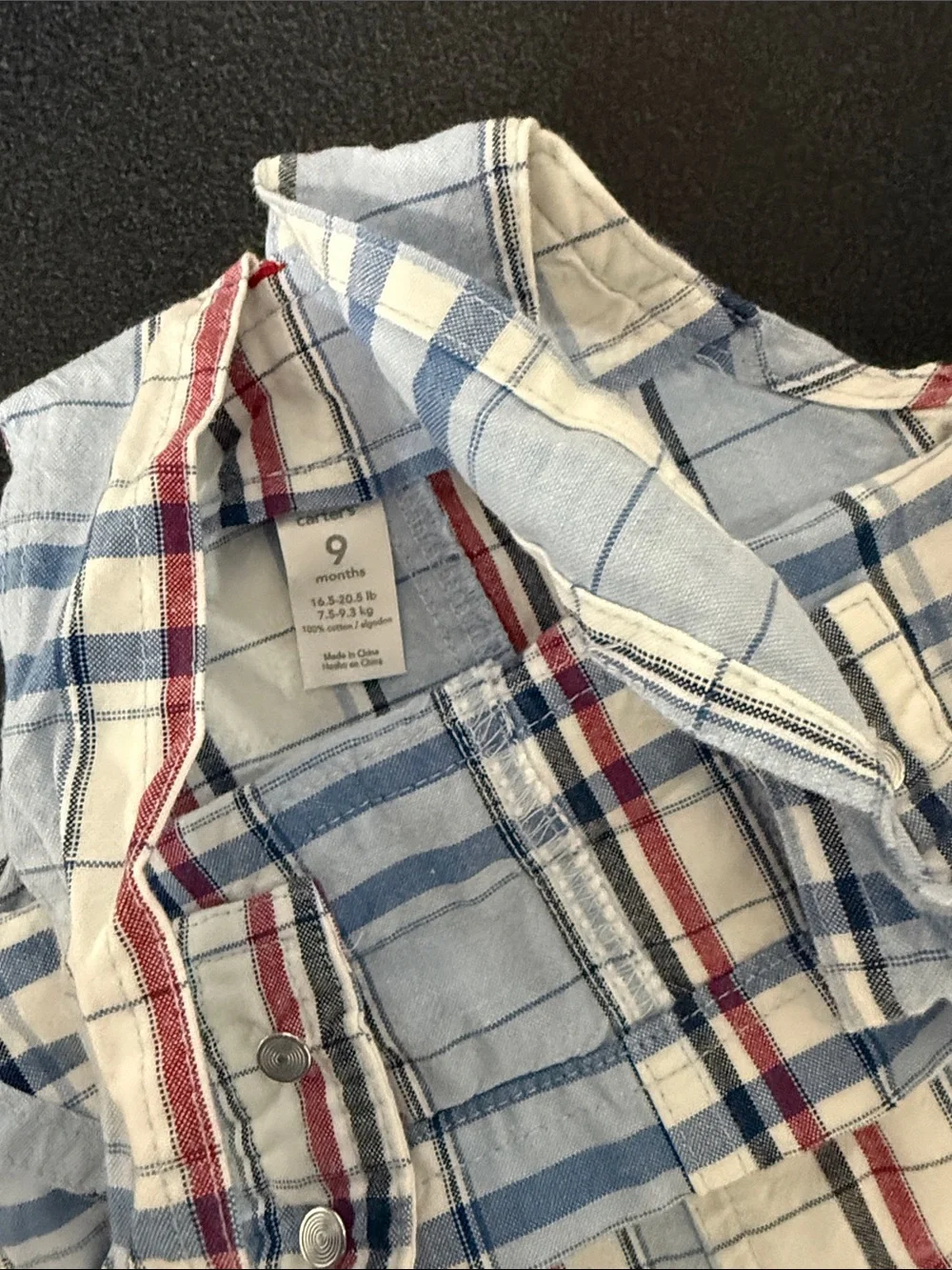 Carter's Light Blue, White & Red Plaid Short Overalls
